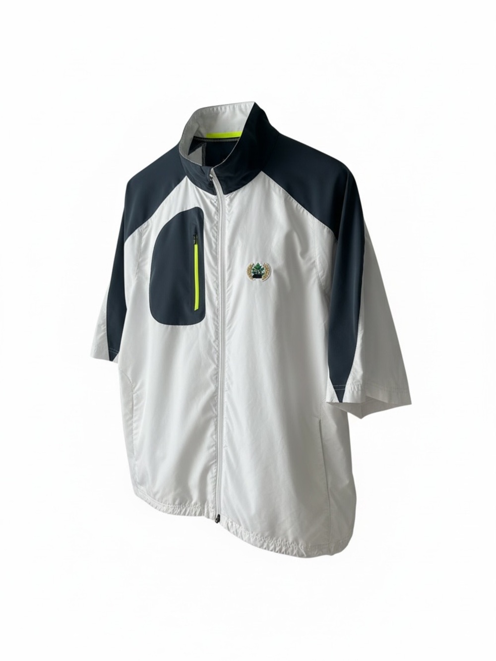 Men's White and Navy Short-Sleeve Wind Shell Jacket with Neon Zip